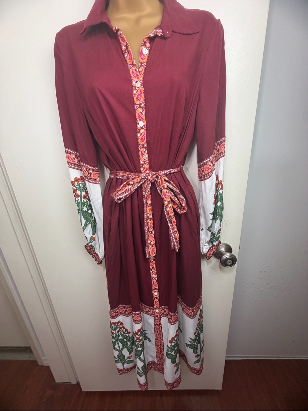 Garrie B Burgundy Floral Paisley Trim Print Belted Boho Feminine Dress S *READ*